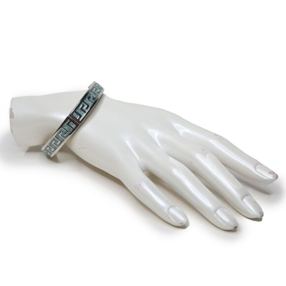 Greek Key Meander Hinged Cuff Bangle Bracelet Enamel Silver Tone Metal Classic - Picture 5 of 6